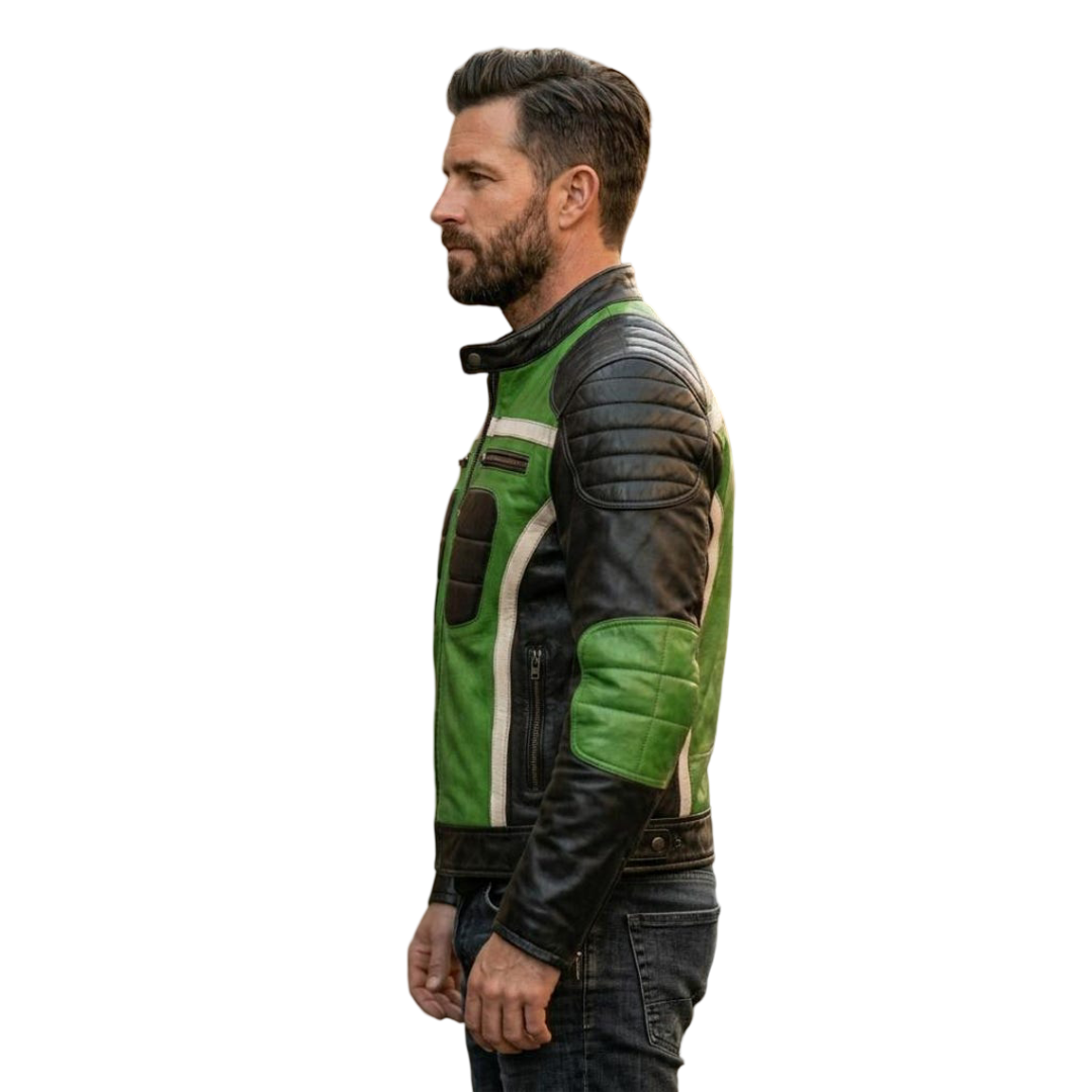 Side angle of men green and black racing style leather jacket