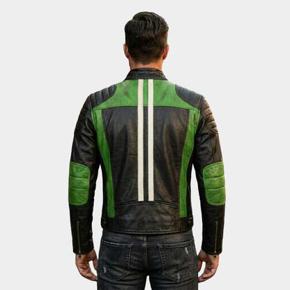 Men Green and Black Leather Biker Jacket Quilted Retro Moto Racing Style