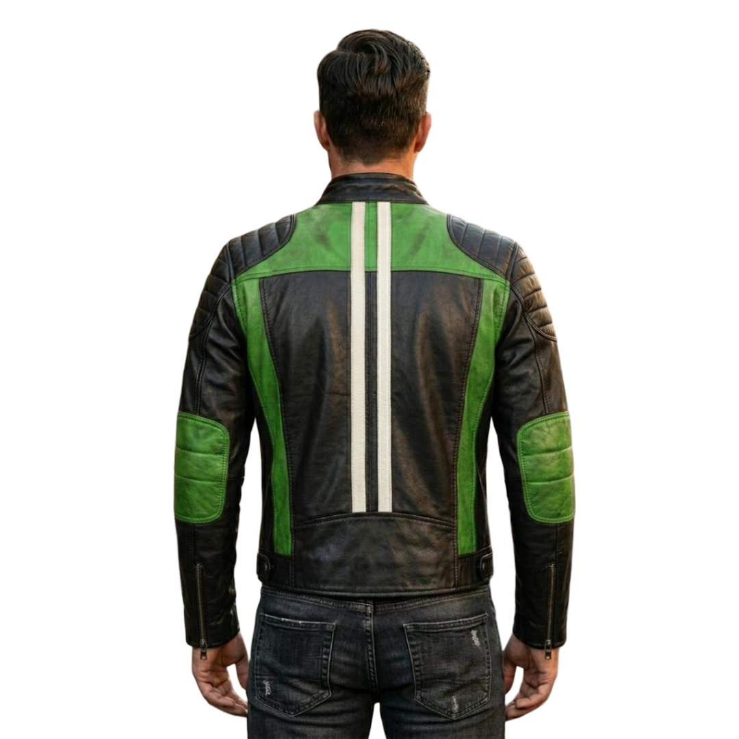 Back view of men green and black retro moto leather biker jacket