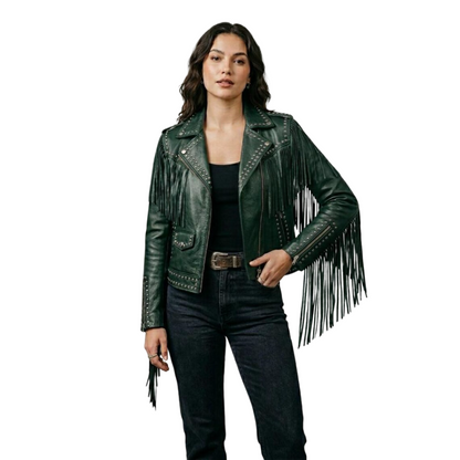 Front view of women green fringe studded leather jacket with western biker style