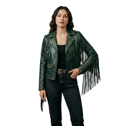 Front view of women green fringe studded leather jacket with western biker style