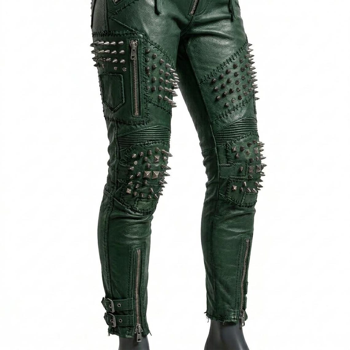  Side zipper detail on green leather biker pant for women