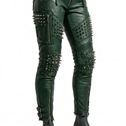  Side zipper detail on green leather biker pant for women