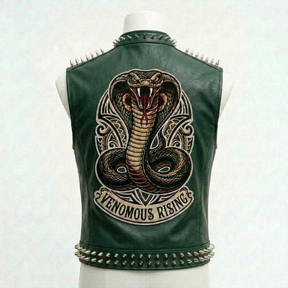 Back design of green leather biker vest with bold embroidery patchwork