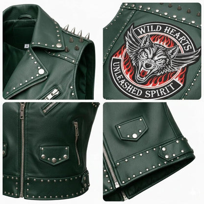  Women green leather biker vest layered over black hoodie