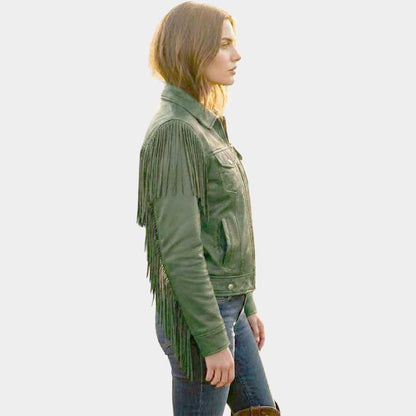 Women’s Green Leather Fringe Jacket Western Moto Style