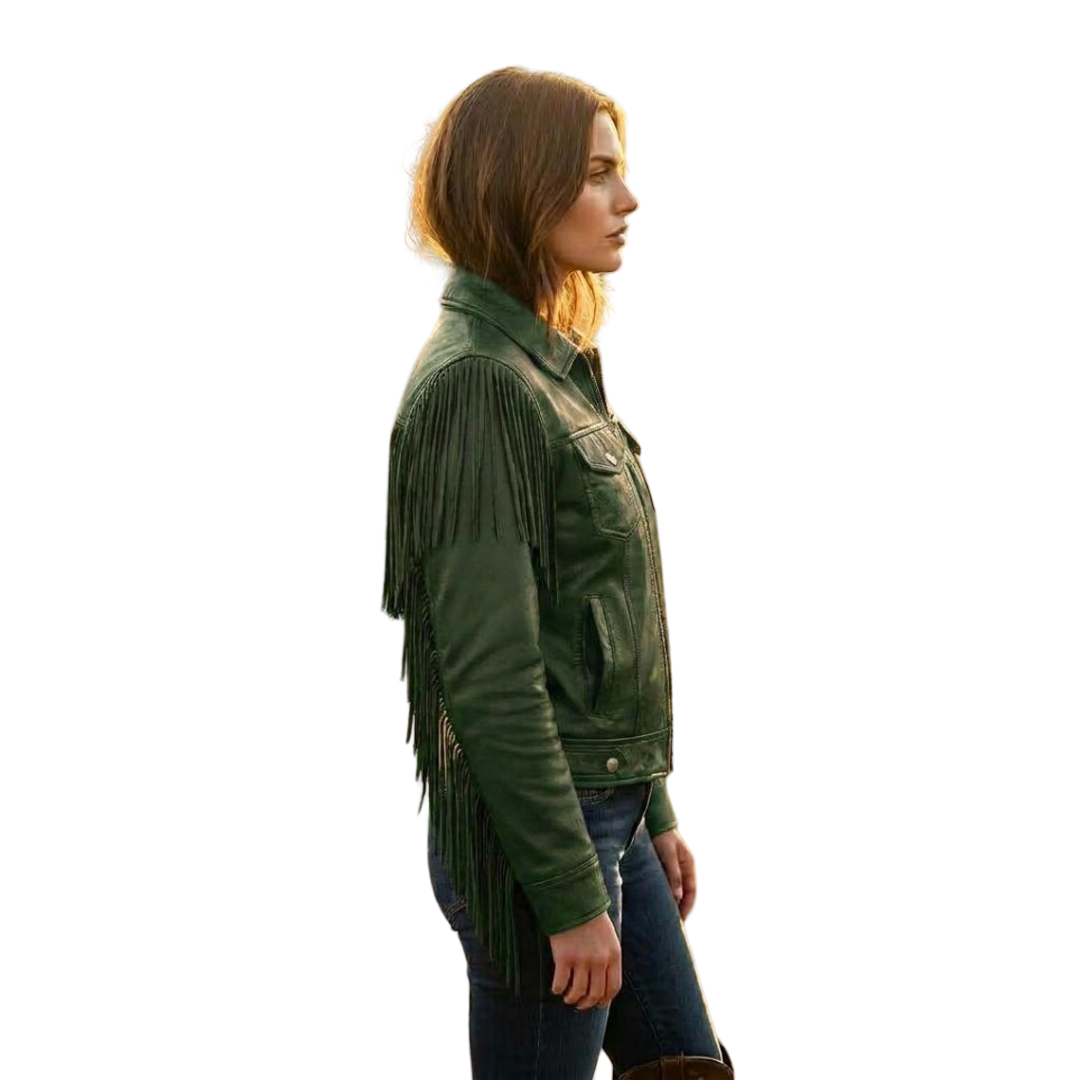 Side angle of green leather fringe jacket with long fringe detail