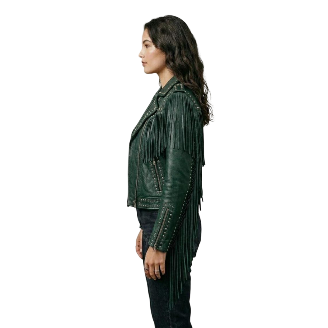 Side detail of green leather fringe jacket with metal studs