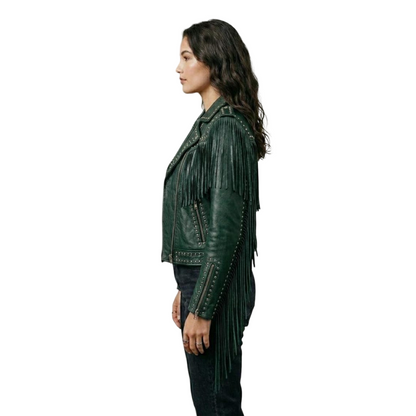 Side detail of green leather fringe jacket with metal studs
