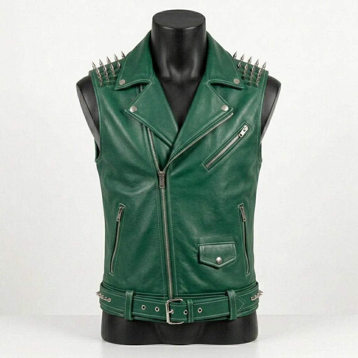 Front view of men green leather biker vest with skull patch