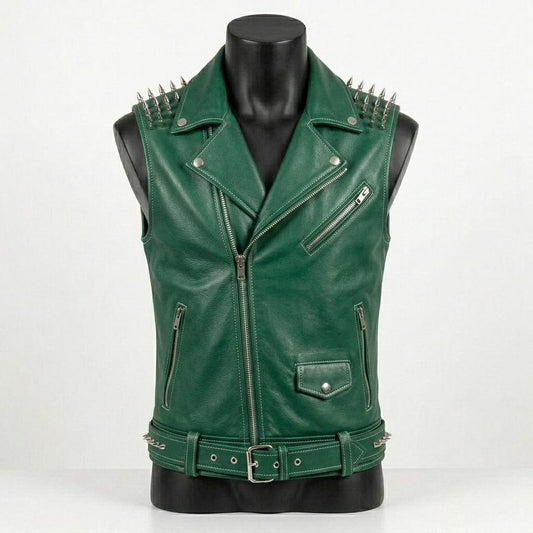 Front view of men green leather biker vest with skull patch