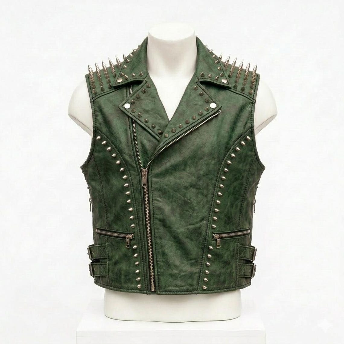 Front view of green leather vest mens gothic punk biker waistcoat