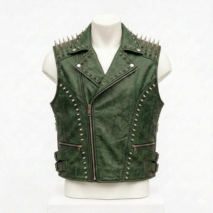Front view of green leather vest mens gothic punk biker waistcoat