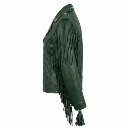 Side view of slim fit green leather biker jacket with fringe