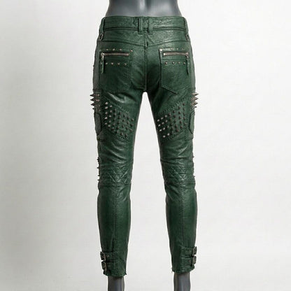  Back fit of women green studded leather pant showing skinny biker silhouette