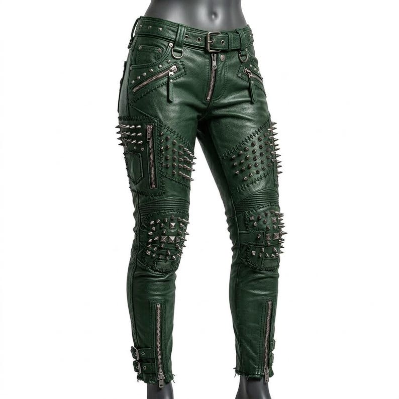  Front view of green studded leather pant for women with spike and zipper details