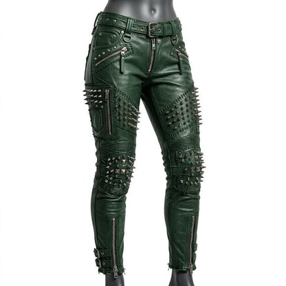  Front view of green studded leather pant for women with spike and zipper details