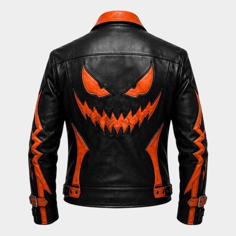Black and orange Halloween leather jacket with pumpkin-inspired detailing