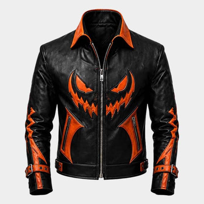 Handmade Halloween pumpkin leather biker jacket in black and orange