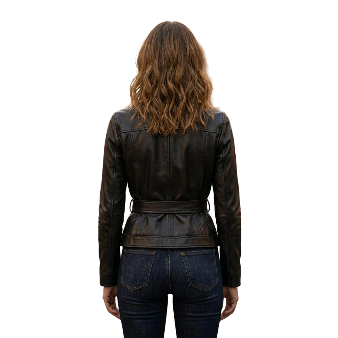  Back view of handcrafted silver floral embroidered leather jacket with detailed artistic flower design on genuine black leathe
