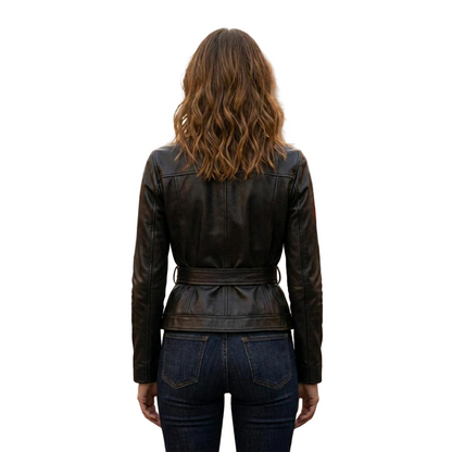  Back view of handcrafted silver floral embroidered leather jacket with detailed artistic flower design on genuine black leathe