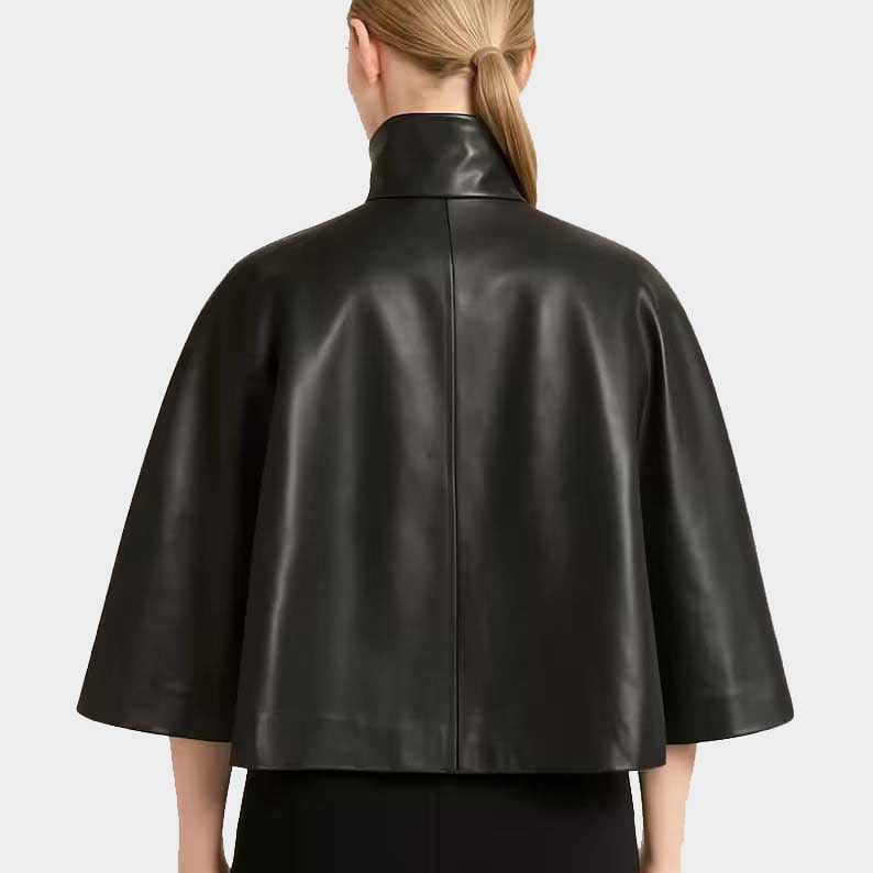 Handmade Black Sheepskin Leather Cape for Women High Neck Sleeveless Gothic Vintage Outerwear