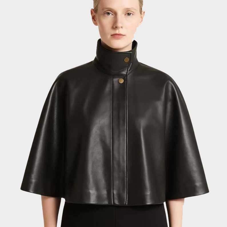 Handmade Black Sheepskin Leather Cape for Women High Neck Sleeveless Gothic Vintage Outerwear