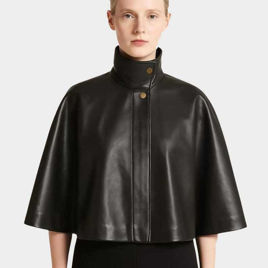 Handmade Black Sheepskin Leather Cape for Women High Neck Sleeveless Gothic Vintage Outerwear