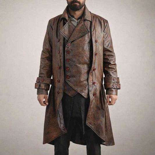 Handmade distressed brown leather steampunk tailcoat gothic pirate trench coat for men front view