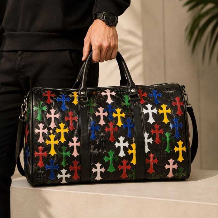 Genuine leather duffel bag with colorful cross patch design