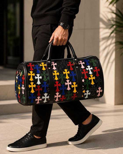 Handmade genuine leather duffel bag with colorful cross patch