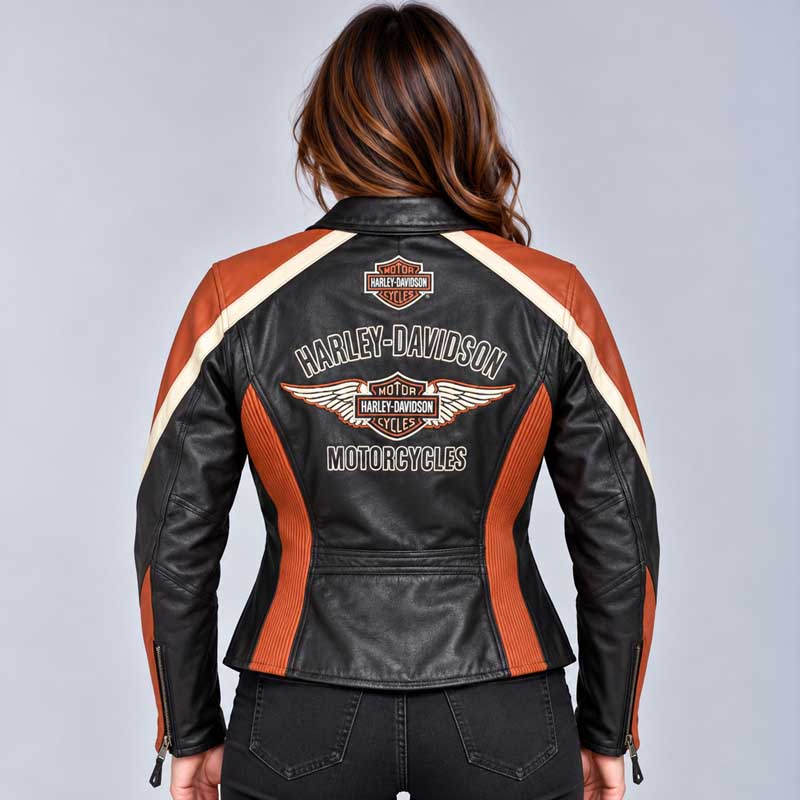 Harley Davidson Women Leather Jacket showing its design.