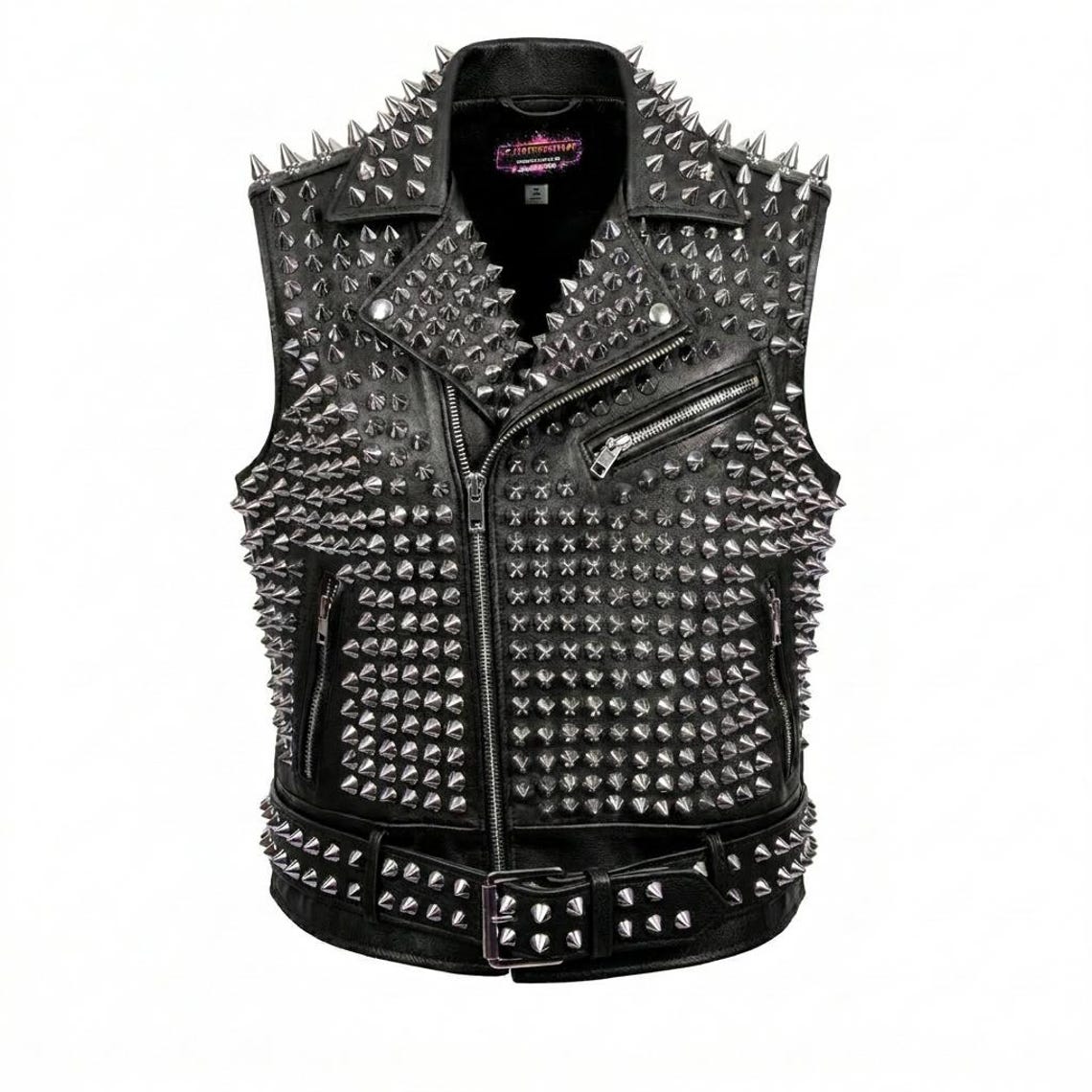 Front view of heavy studded leather vest for men in black genuine leather