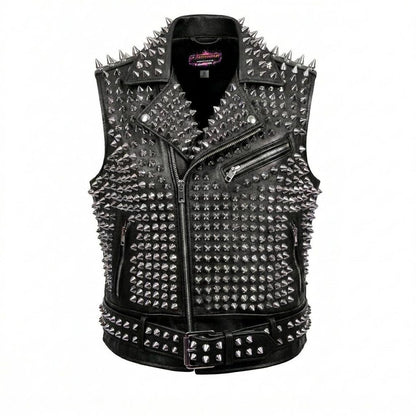 Front view of heavy studded leather vest for men in black genuine leather