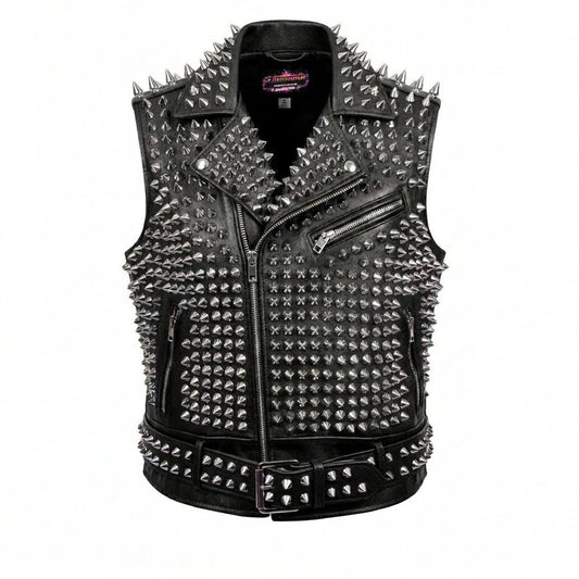 Front view of heavy studded leather vest for men in black genuine leather