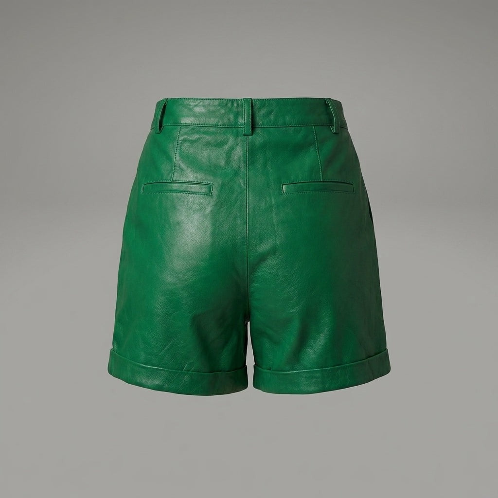Women's high-waisted leather fashion shorts back view