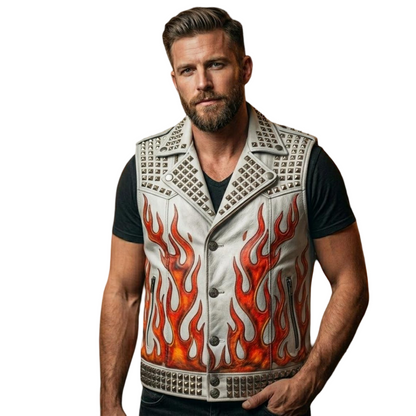 Front view of white Hellfire skull leather biker vest for men with flame artwork