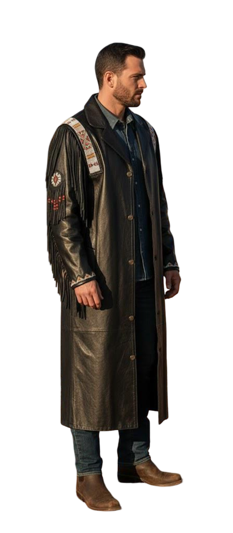 Side profile of cowboy fringe leather duster coat in brown cowhide
