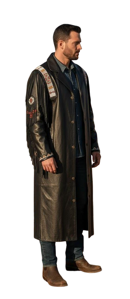 Side profile of cowboy fringe leather duster coat in brown cowhide