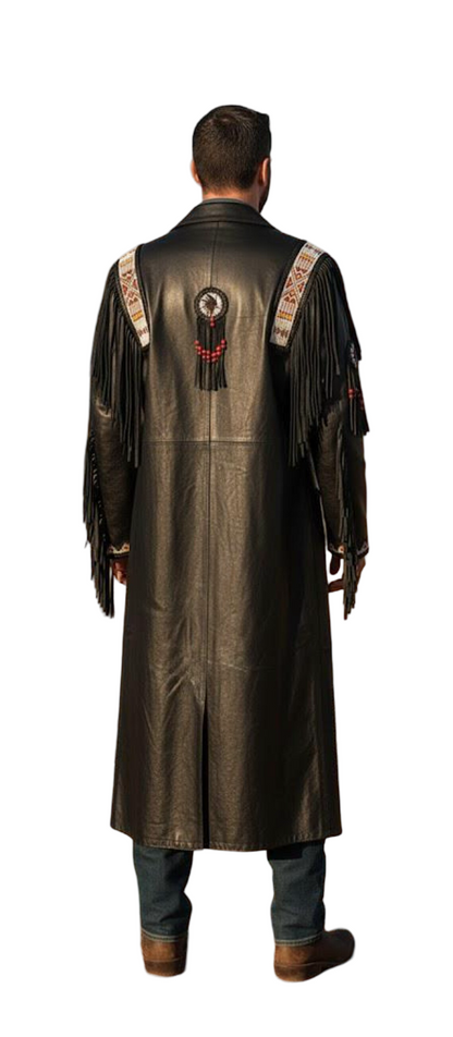 Back view of premium cowhide Western duster coat with fringe
