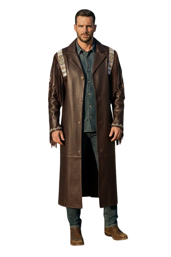 Front view of handmade Western cowboy fringe leather duster coat in brown cowhide