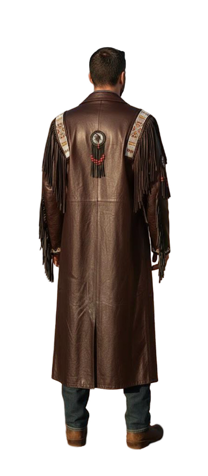 Back view of premium cowboy leather duster coat with fringe detail
