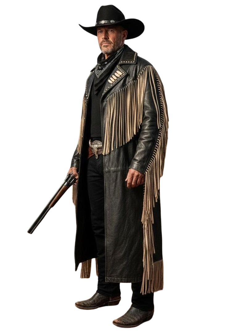 Side view of men cowboy long leather fringe duster coat