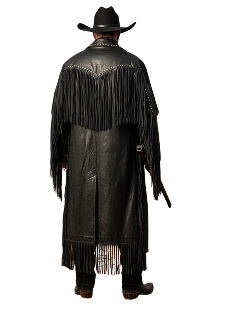 Back view of black cowhide leather fringe Western duster coat