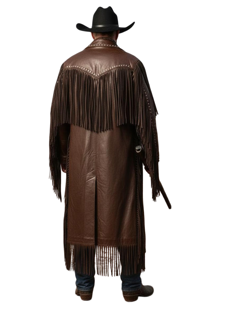 Back view of brown cowhide leather fringe Western duster coat