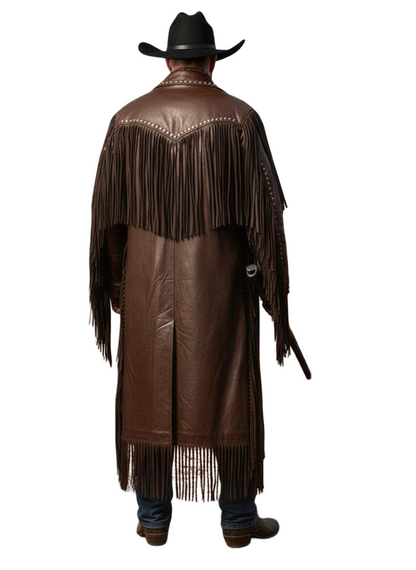 Back view of brown cowhide leather fringe Western duster coat