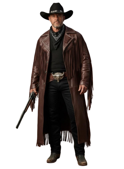 Front view of men brown fringe Western duster coat in genuine cowhide leather