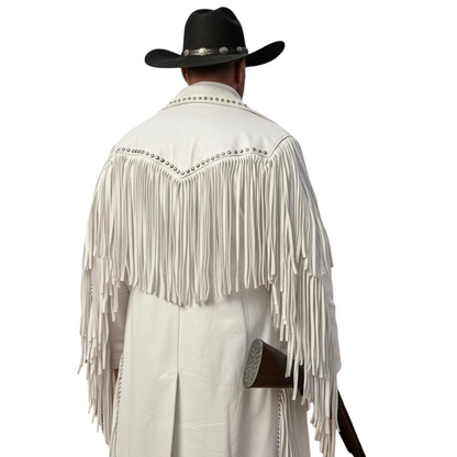 Button closure detail on premium white leather fringe duster