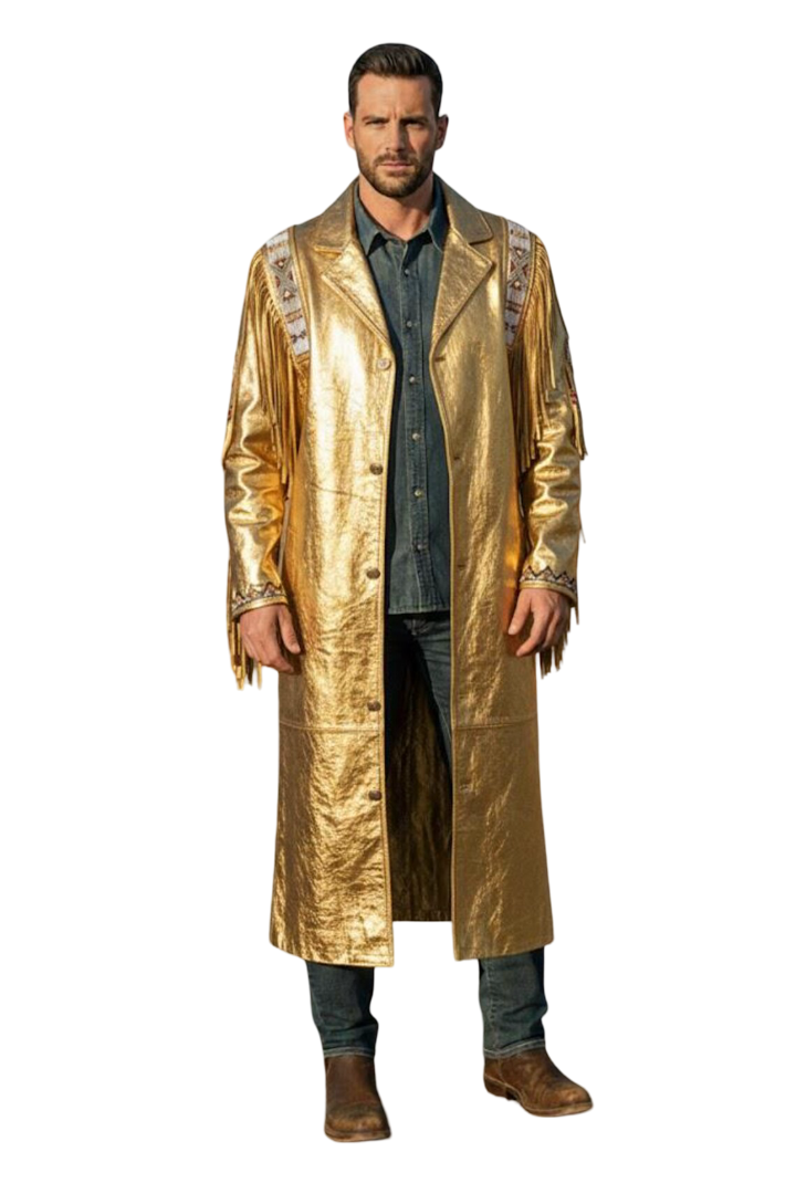 Front view of men golden fringe Western duster coat in genuine cowhide leather