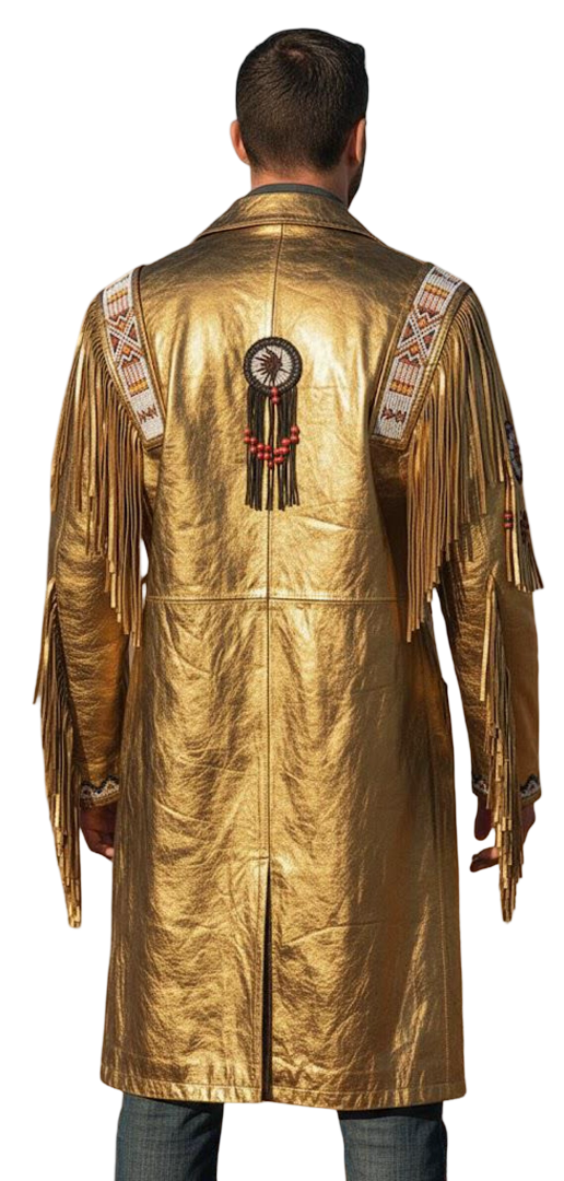 Back view of golden fringe cowhide leather Western duster coat